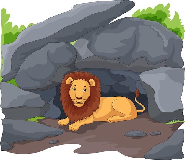 a lion laying in the cave with rocks on it's sides and grass around him