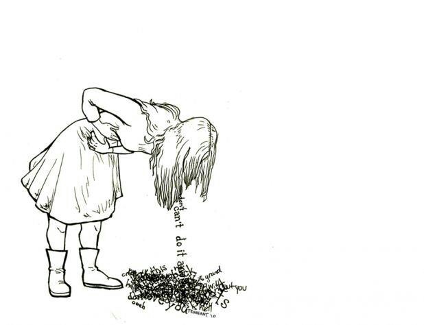 a black and white drawing of a girl with her head in the ground looking at a bird