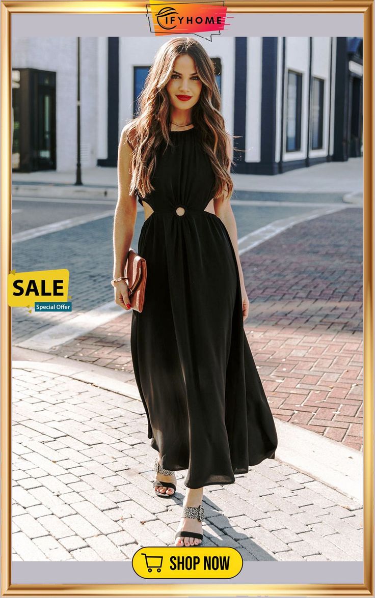 Black Side Cutout Sleeveless Maxi Dress Casual Black Sleeveless Maxi Dress, Black Sleeveless Maxi Dress For Summer, Black Sleeveless Bodycon Dress For Summer, Black Sleeveless Mini Dress For Going Out, Casual Sleeveless Dress For Summer, Sleeveless Summer Dresses For Going Out, Casual Sleeveless Summer Dress For Going Out, Solid Sleeveless Maxi Dress For Date Night, Black Halter Neck Sleeveless Dress For Day Out