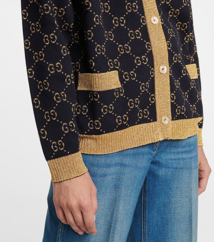 Cotton-blend lamé cardigan in blue - Gucci | Mytheresa Gucci Designer Jacquard Knit Cardigan, Designer Gucci Jacquard Knit Cardigan, Gucci Jacquard Knit Cardigan For Fall, Gucci Long Sleeve Jacquard Knit Cardigan, Gucci Jacquard Knit Long Sleeve Cardigan, Luxury Fall Cardigan, Luxury Gucci Jacquard Knit Sweater, Gucci Luxury Fall Cardigan, Gucci Luxury Cardigan For Fall