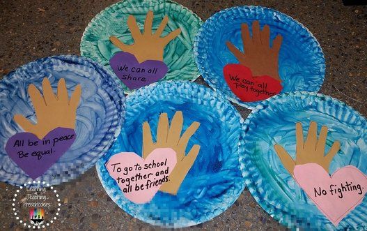 four paper plates with handprints on them