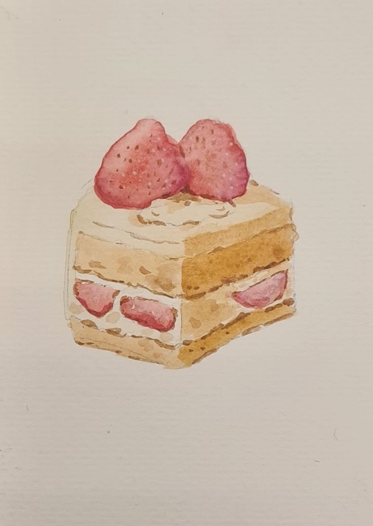 a drawing of a piece of cake with two strawberries on top