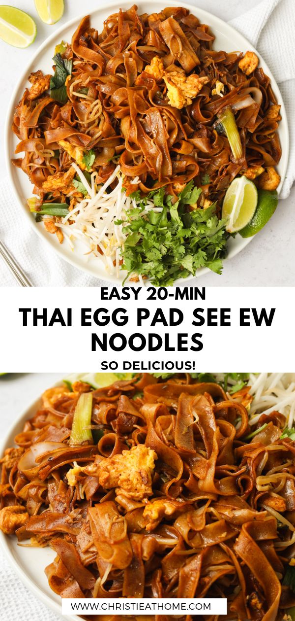 two plates filled with noodles, meat and vegetables on top of each other next to the words thai egg pad sew noodles so delicious