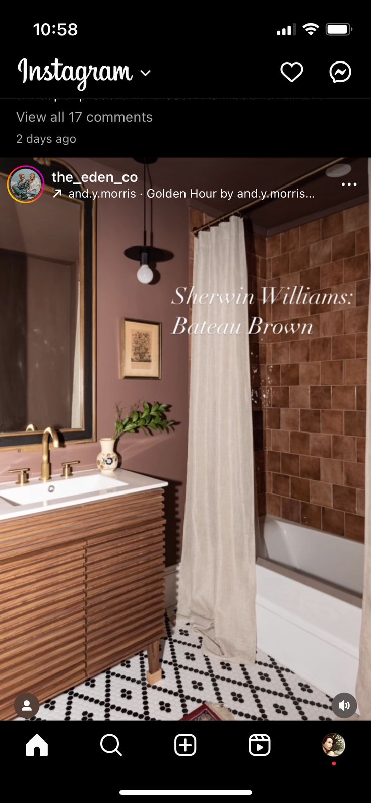 the bathroom is decorated in brown and white