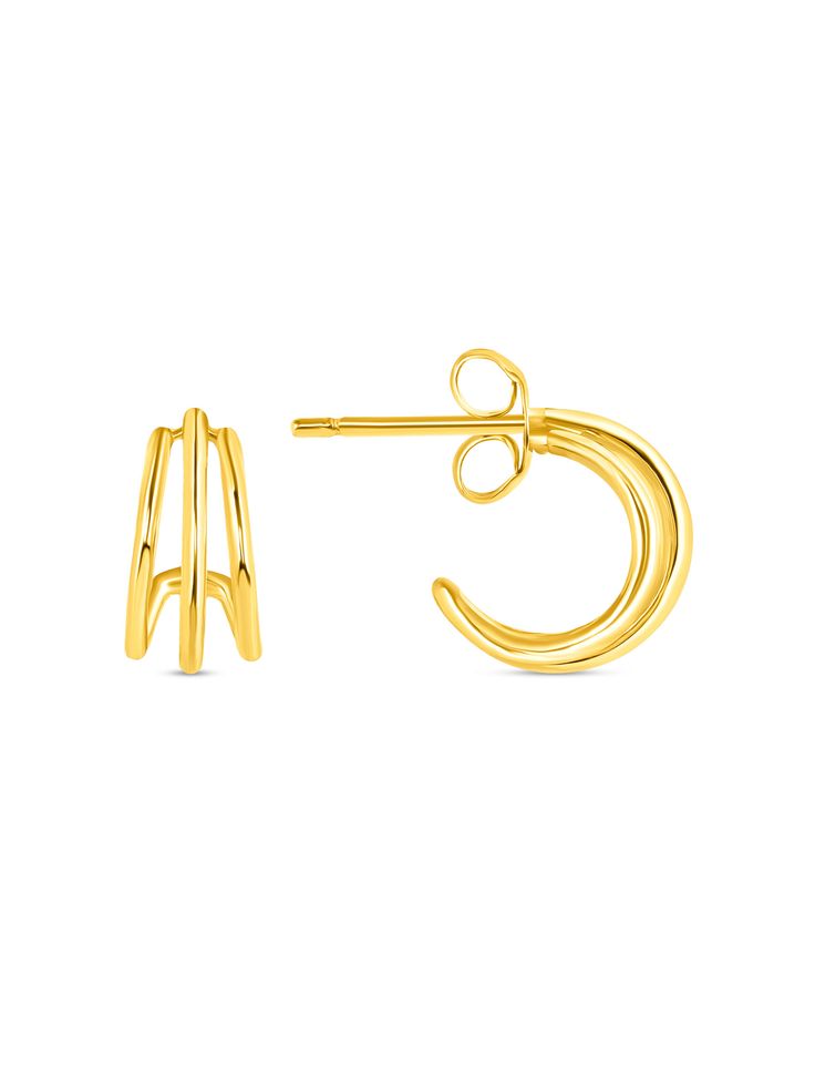 Elevate your earring game with our Triple Hoop Huggie Earrings, crafted from 14k gold. Featuring three sleek hoops seamlessly soldered together, these huggies offer a modern twist on a classic look. Designed to hug your earlobe with a secure butterfly back and post, they’re perfect for adding a touch of bold elegance to any outfit, from everyday wear to special occasions. Modern Yellow Gold Hoop Wrap Earrings, Yellow Gold Huggie Wrap Earrings, Modern Yellow Gold Small Hoop Wrap Earrings, Tennis Jewelry, Triple Hoop Earrings, Religious Jewelry, Gold Filled Jewelry, Huggies Earrings, Stretch Bracelets