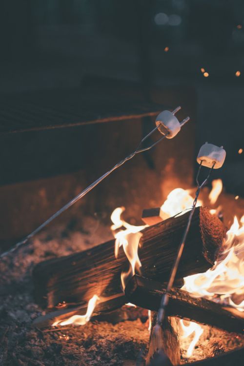 a campfire with marshmallows on it and some sticks sticking out of the fire