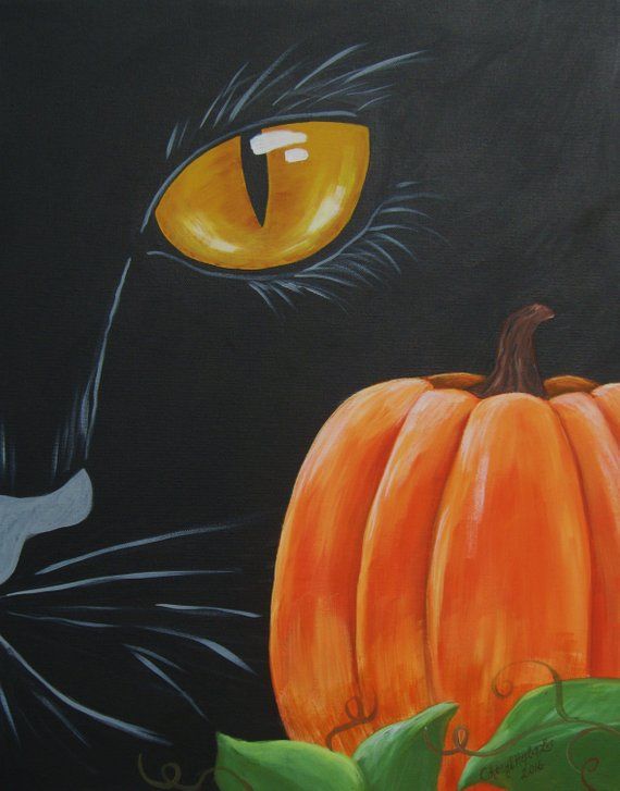 an acrylic painting of a black cat with orange eyes next to a pumpkin