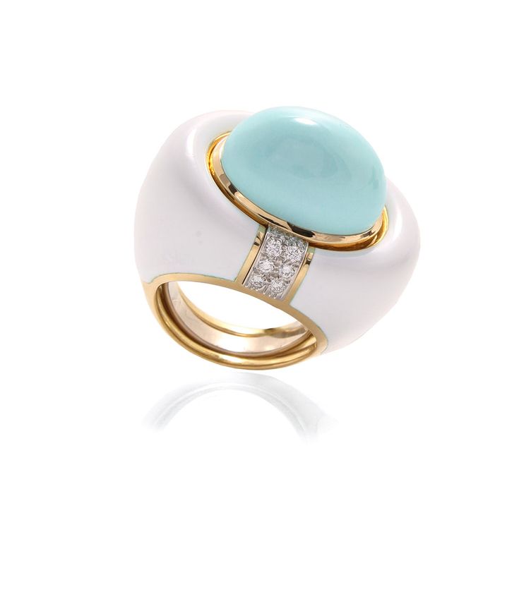 Cabochon turquoise, brilliant-cut diamonds, white enamel, 18K gold, and platinum. Luxury White Dome Ring With Brilliant Cut, Luxury White Diamond Dome Ring, Luxury Enamel Ring With Single-cut Diamonds, White Gold Enamel Diamond Ring, Luxury Turquoise Diamond Ring, Luxury Round Enamel Ring With Diamond Accents, White Gold Enamel Ring With Diamond Accents, White Gold Diamond Ring With Cabochon, White Luxury Enamel Ring For Formal Events