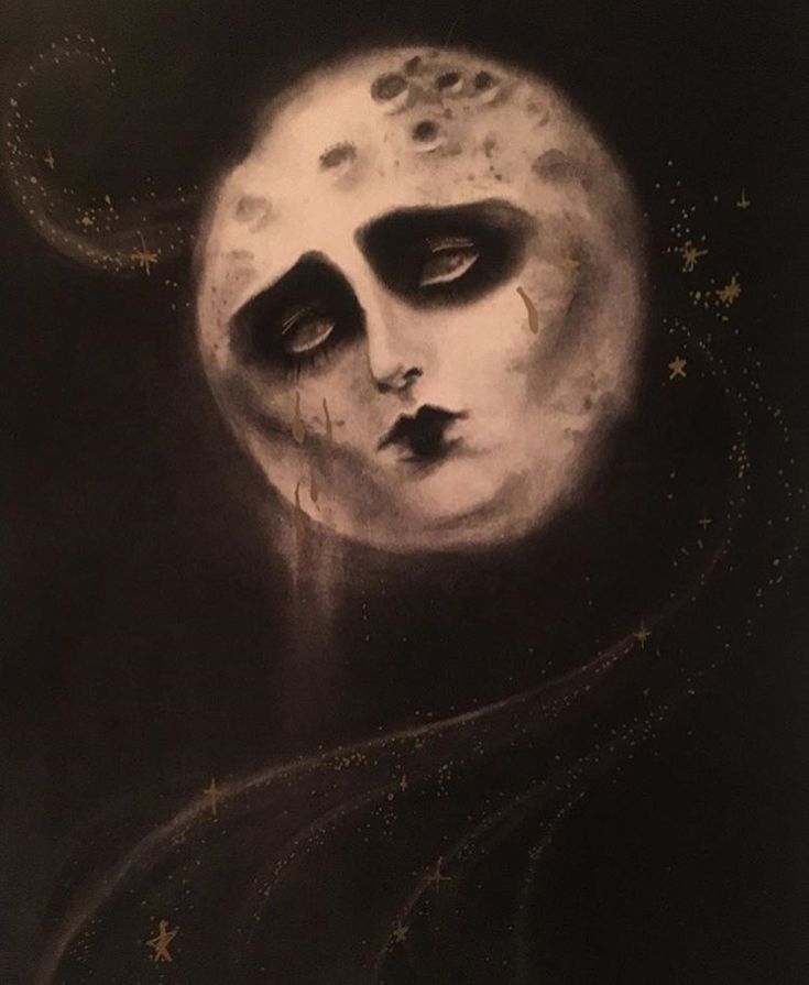 a black and white painting of a woman's face with the moon in her eyes