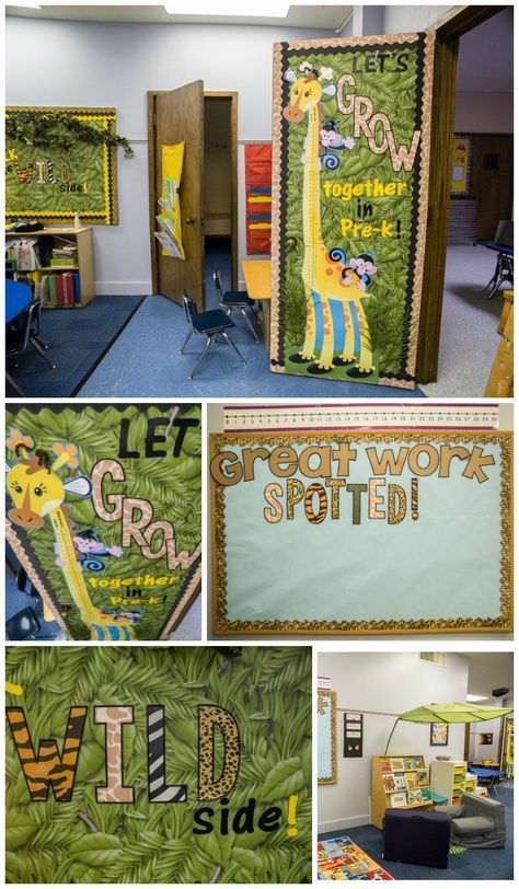 the classroom is decorated with giraffes and words