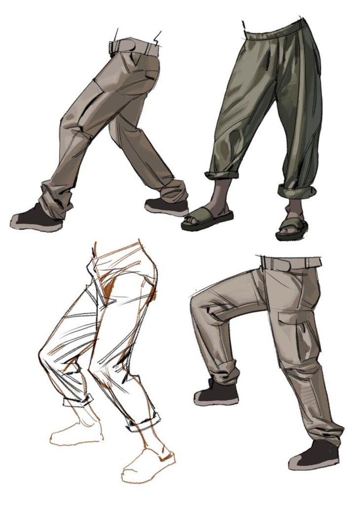 four different views of pants and shoes