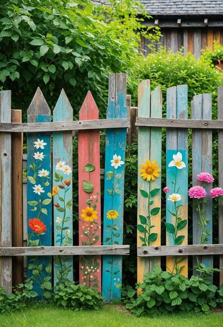 a wooden fence with flowers painted on it