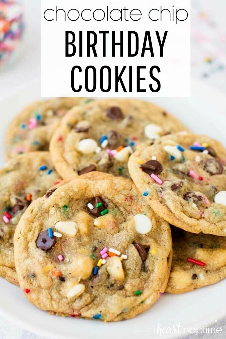 chocolate chip birthday cookies on a plate with sprinkles