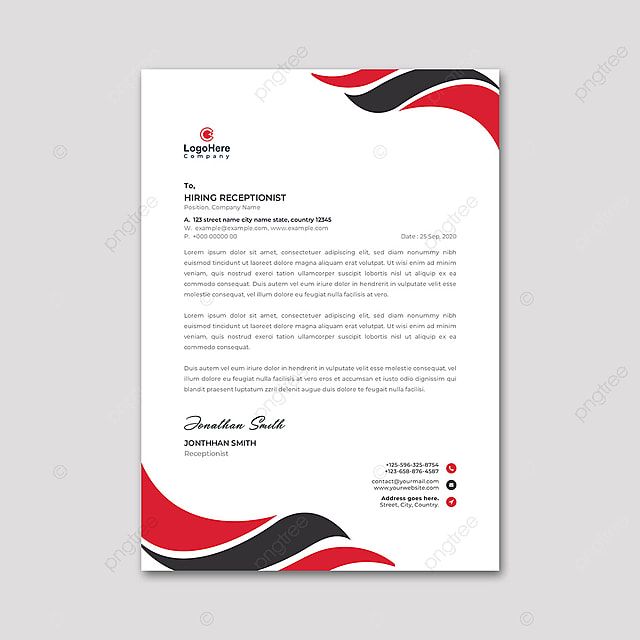 a letterhead with red, black and white wavy lines on the bottom half of it