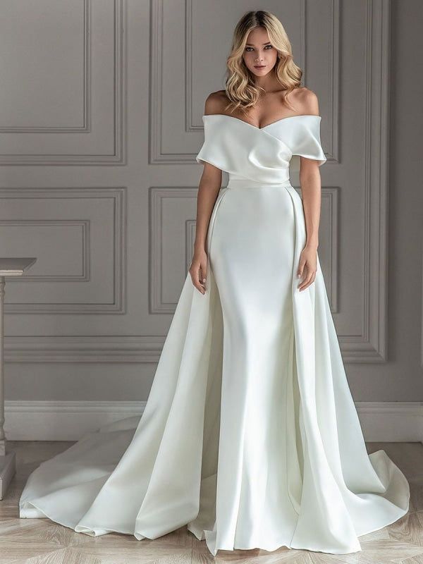 White Vintage Wedding Dress With Train Satin Off The Shoulder Wedding Dress Pleated Mermaid Bridal Gowns Wedding Dresses Mermaid Sweetheart, Satin Bridal Gowns, Floor Length Wedding Dress, Detachable Train, Bridal Gowns Mermaid, Exquisite Gowns, Wedding Dress Fabrics, Wedding Dresses Satin, Formal Dresses For Weddings