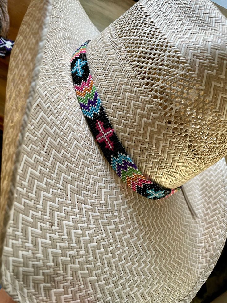 "3/4\" wide All bead work is beaded with 10lb extreme braided nylon line. All hat bands are finished at 23\" with glued than sewed down leather ends and an adjustable leather tie." Beaded Hat Bands, Beaded Things, Hat Bands, Beaded Hat, Leather Tie, Rainbow Bright, Bead Patterns, Beautiful Hats, Hat Band