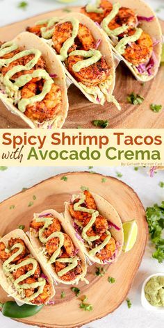 shrimp tacos with avocado cream and cilantro sauce on a wooden platter