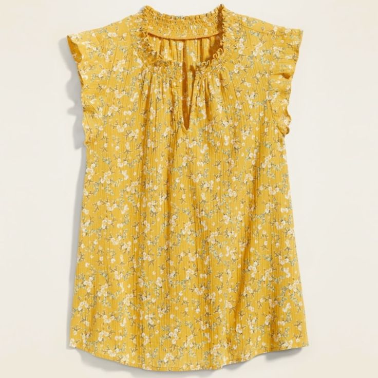 Yellow Smocked Neck Floral Print Gauze Tops. Yellow Smock Tops For Spring, Casual Yellow Smock Top, Casual Yellow Tops With Smocked Back, Yellow Smocked Back Top For Vacation, Yellow Vacation Top With Smocked Back, Yellow Smocked Top For Day Out, Yellow Ruffled Smocked Top For Spring, Yellow Sleeveless Top With Smocked Bodice, Casual Yellow Smocked Top With Ruffles