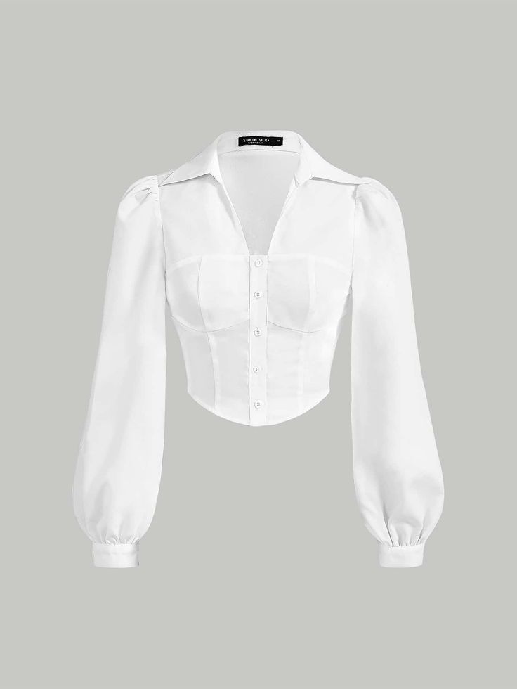 White Casual Collar Long Sleeve Woven Fabric Plain Shirt Embellished Non-Stretch  Women Tops, Blouses & Tee Mode Inspo, Casual Style Outfits, Lookbook Outfits, White Blouse, Cute Casual Outfits, Lany, Classy Outfits, Aesthetic Clothes, Pretty Outfits