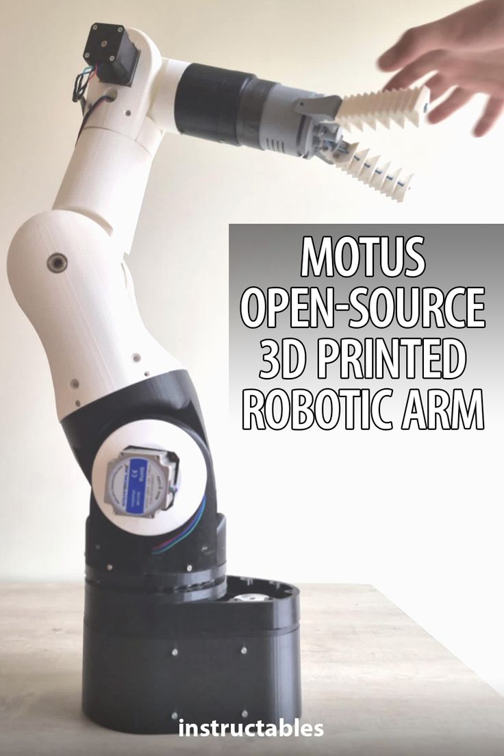 an image of a robotic arm holding something in it's hand with the caption motus open source 3d printed robotic arm