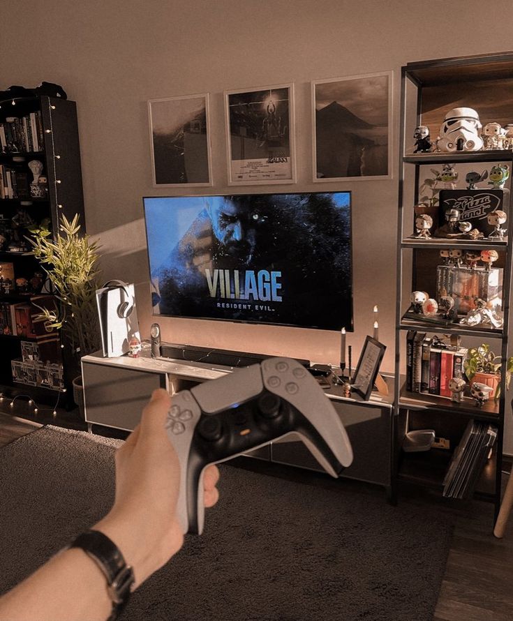 a person holding a video game controller in front of a tv