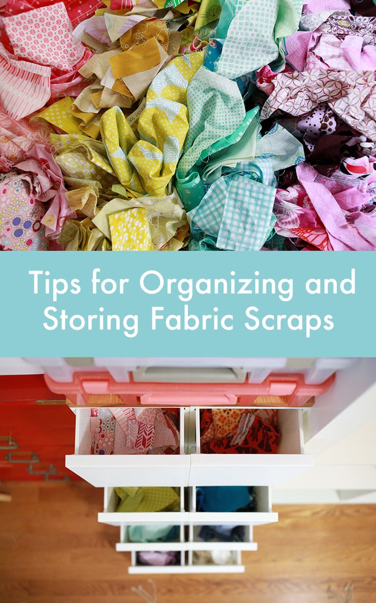 an organized craft box with fabric scraps and text overlay that reads tips for organizing and storing fabric scraps