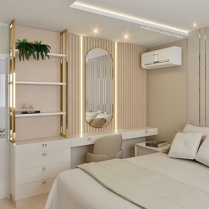 a white bed sitting under a mirror next to a wall mounted air conditioner in a bedroom