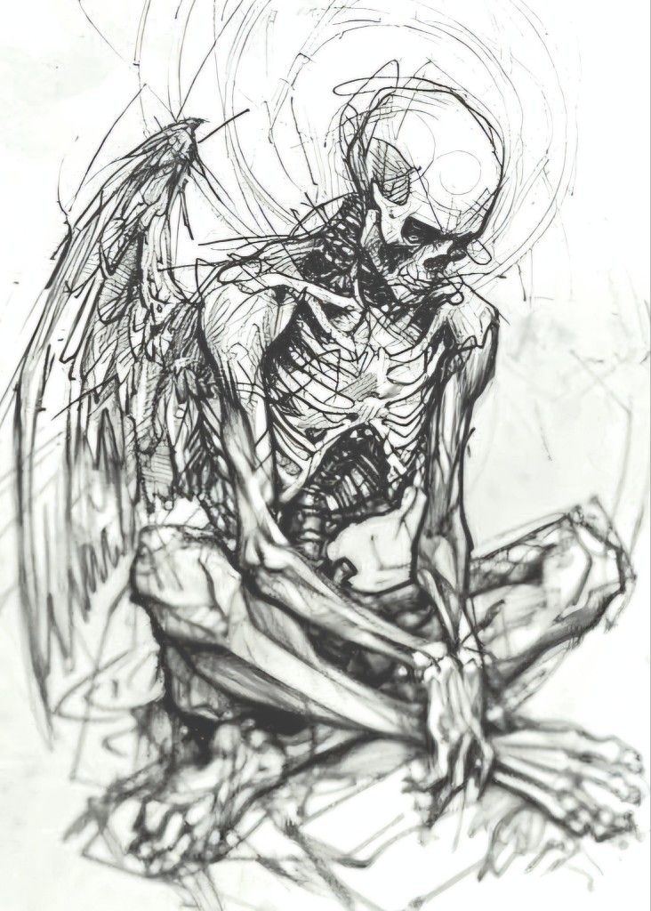 a drawing of a skeleton sitting on the ground