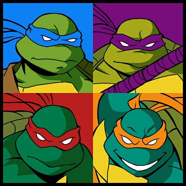 the teenage mutant ninjas are in four different color squares, each with their own image