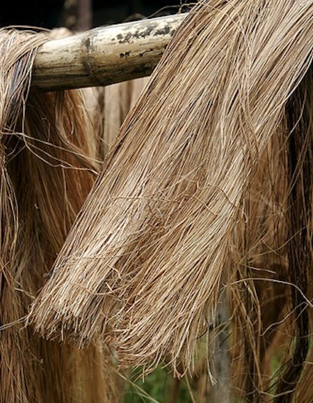 two straw umbrellas hanging from a wooden pole