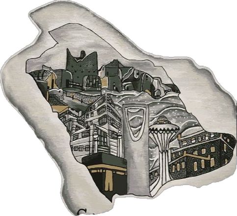 a piece of paper with an image of a city in the middle and buildings on it