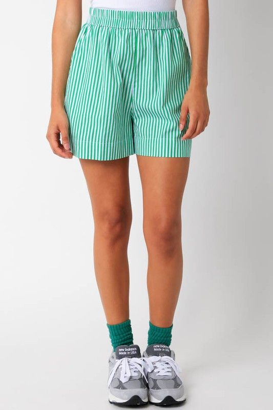 Shorts feature elastic waist band and mini length fit 100% Cotton Trendy Green Shorts With Elastic Waistband, Trendy Cotton Shorts With Elastic Waistband, Casual Spring Shorts With Elastic Waistband, Casual Green Relaxed Fit Pajama Shorts, Trendy Green Relaxed Fit Shorts, Spring Bermuda Pajama Shorts With Elastic Waistband, Green Cotton Pajama Shorts With Elastic Waistband, Green Cotton Pajama Shorts, Casual Style, Green Cotton Casual Pajama Shorts