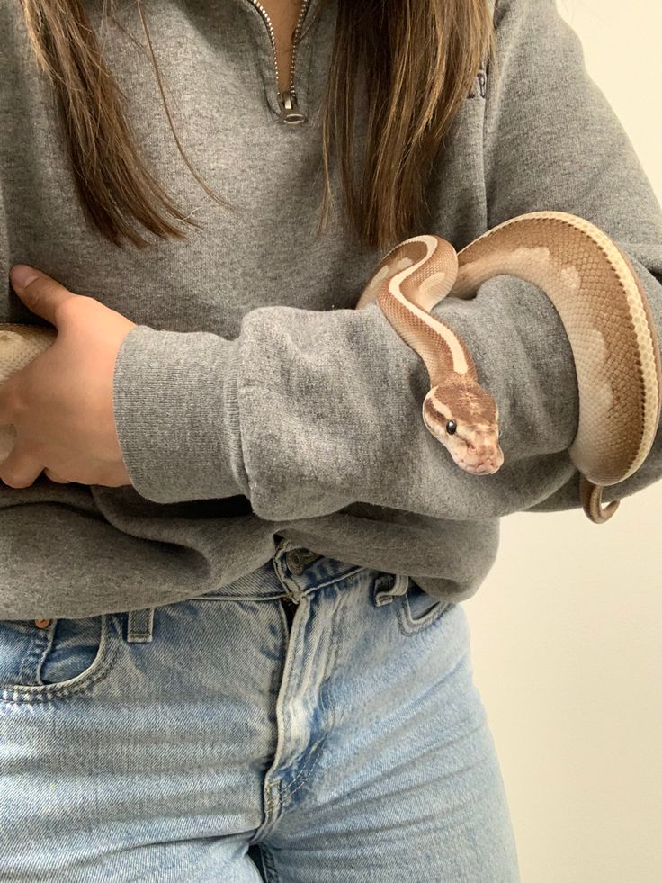 a woman in grey shirt holding a snake wrapped around her arm with both arms crossed