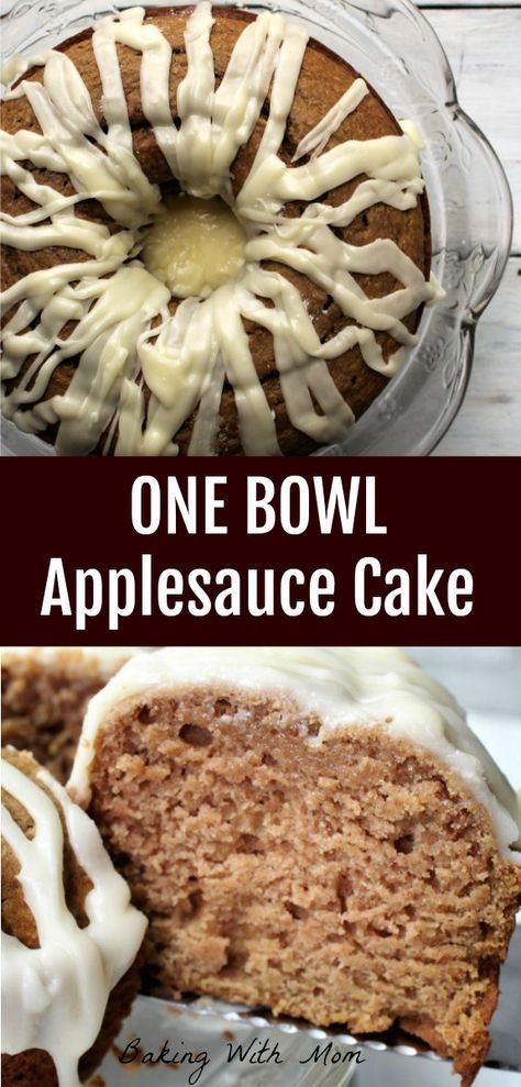 one bowl applesauce cake with white icing on top and the other side