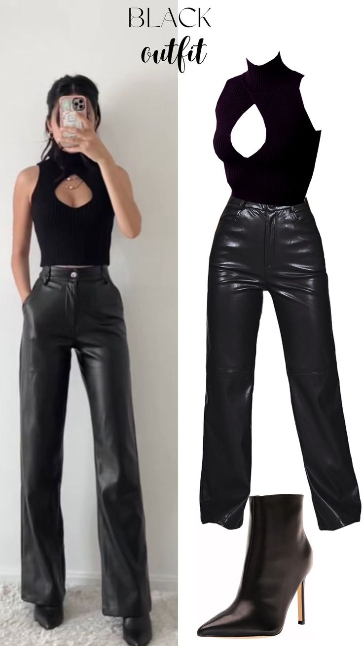 outfit all black with tank top and faux leather pants Leather Pants Boots Outfit, Pants Boots Outfit, Leather Pants Boots, Outfit For Today, Pants Boots, Trendy Outfit, Faux Leather Pants, Delicate Details, Boots Outfit