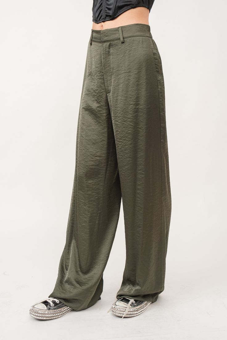 Specifications: Satin Wide Leg Trouser style pants 54% Polyester 46% Rayon Full Length Cargo Pants For Workwear In Spring, Full-length Cargo Pants For Workwear In Spring, Spring Wide-leg Work Pants, Tailored Full-length Versatile Bottoms, Formal Baggy Wide-leg Bottoms, Formal Full-length Baggy Pants, Formal Baggy Full-length Pants, Green Wide Leg Chinos For Work, Spring Formal Wide Leg Pants