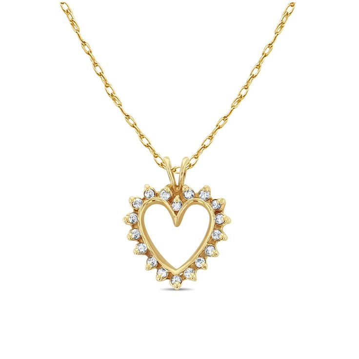 Product Summary Main Stone: Diamonds Approx. Total Carat Weight: .50cttw Diamond Color: I/J Diamond Clarity: I1/I2 Diamond Cut: Round Metal Choice: 14k Yellow Gold Dimensions: 24mm X 19mm Weight: 3 Grams Classic Yellow Gold Heart Necklace With Diamond Accents, Fine Jewelry Yellow Gold Open Heart Diamond Necklace, Fine Jewelry Yellow Gold Diamond Necklace With Open Heart, Classic Yellow Gold Diamond Necklace With Heart Charm, Yellow Gold Diamond Necklace With Heart Charm And Cut, Yellow Gold Diamond Necklace With Heart Cut And Charm, Yellow Gold Diamond Necklace With Heart Charm, Yellow Gold Diamond Necklace With Open Heart Shape, Yellow Gold Diamond Necklace With Open Heart Design