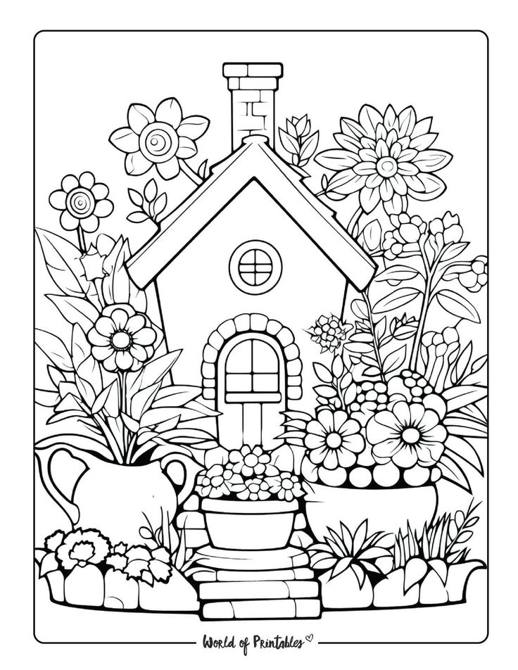 a house surrounded by flowers and potted plants in the garden coloring page for kids