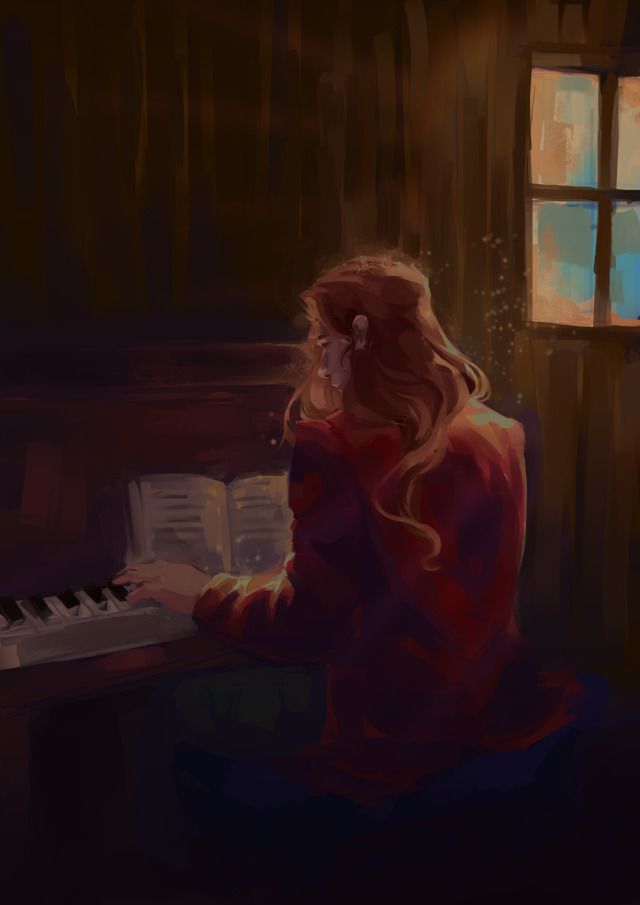 a woman sitting at a piano in front of a window