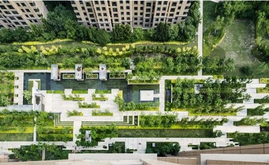 an aerial view of a city with lots of trees and plants on the roof top