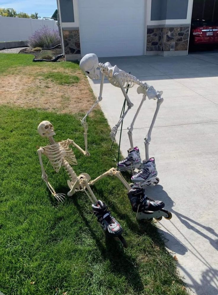 a skeleton sitting on top of a skateboard in the grass next to a lawn