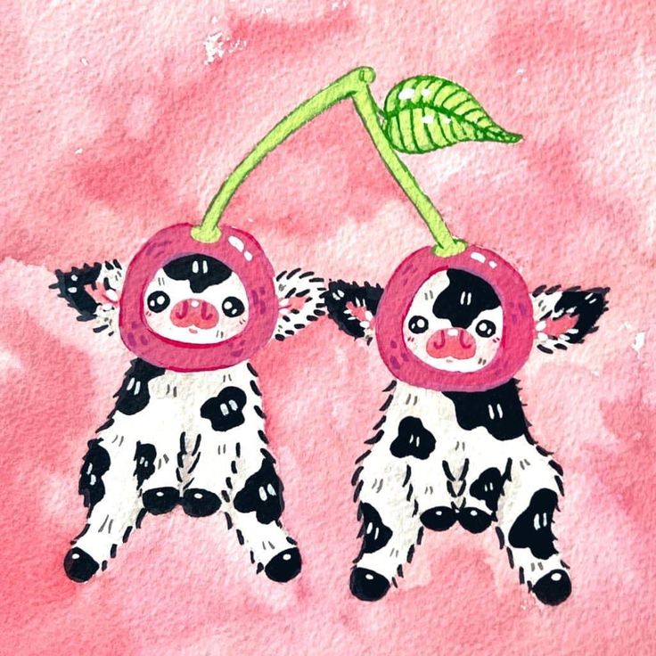 two black and white cows hanging upside down with cherries on their heads in front of a pink background