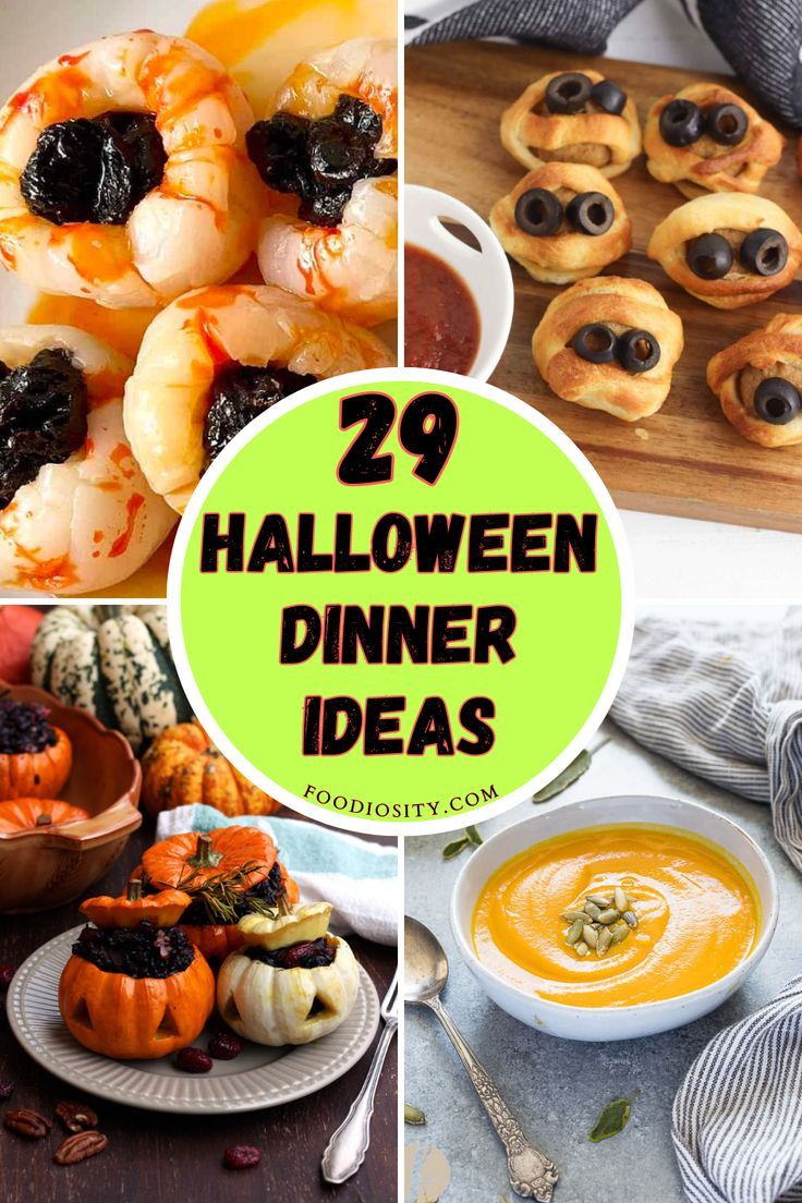 halloween dinner ideas with pumpkins, shrimp and other foods on the table in front of them