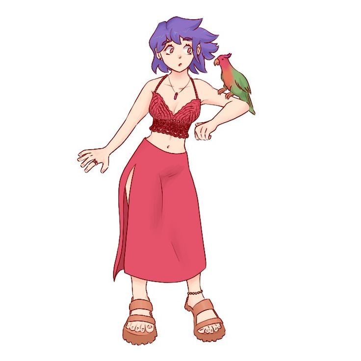 a drawing of a woman in a pink dress holding a bird on her arm and wearing sandals