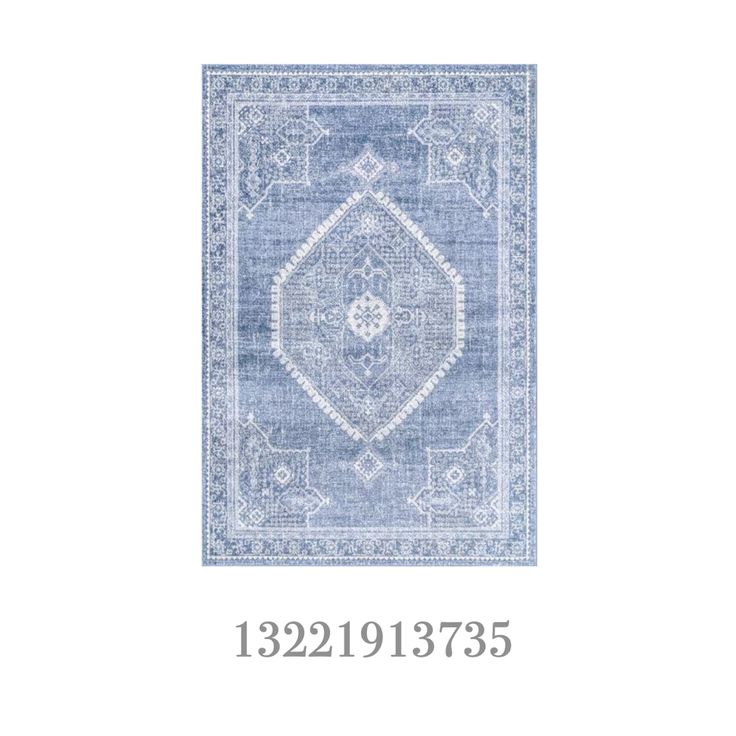 a blue and white rug with an ornate design on the bottom, in different sizes