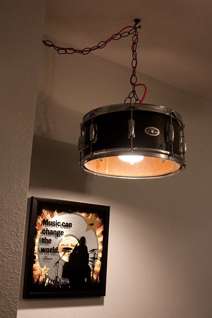 a drum light hanging from the ceiling in a room