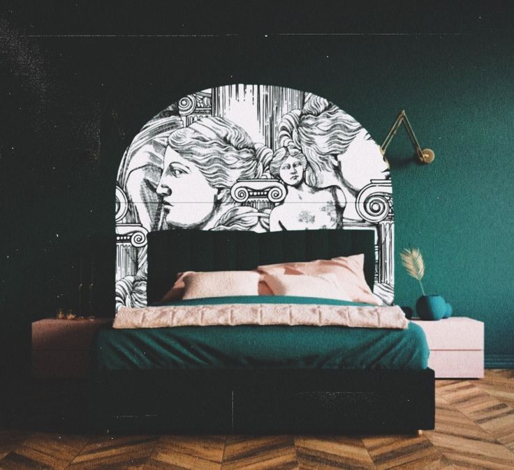 a bed with a headboard made out of wood and green paint on the wall