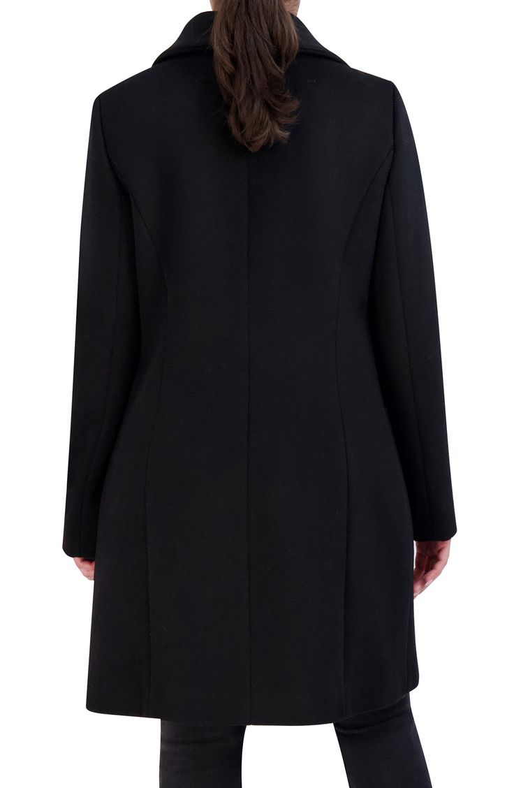 A showy collar and shapely seaming animate a wool-kissed coat that you'll reach for regularly. 36" length Front button closure Spread collar Front welt pockets Lined 65% polyester, 30% wool, 5% unidentified fibers Dry clean Imported Black Long Sleeve Wool Coat With Concealed Fastening, Classic Black Wool Coat With Concealed Fastening, Black Long Wool Coat With Concealed Fastening, Black Wool Long Coat With Concealed Front, Black Wool Coat With Concealed Fastening, Structured Wool Outerwear, Fitted Black Wool Coat With Double Button Closure, Black Pea Coat With Concealed Placket For Fall, Fitted Black Wool Coat For Office