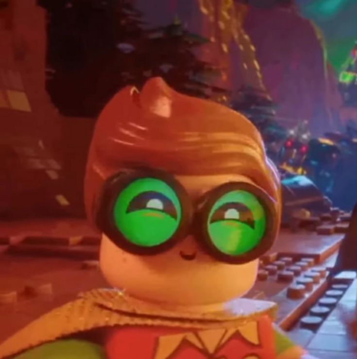 the lego movie character has green eyes