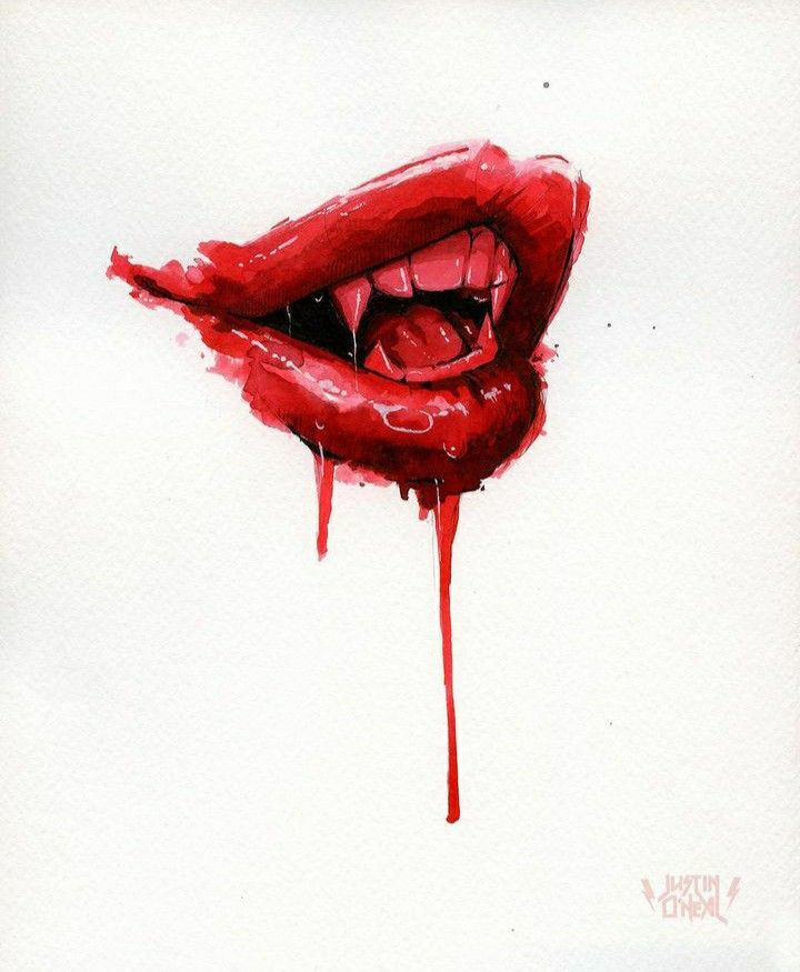 a watercolor painting of a red lips with dripping blood